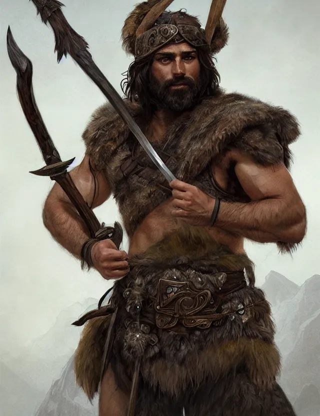 Image similar to full body portrait of a gruff ranger with a spear, wolf pelt on his head, muscular, handsome face, hairy body, D&D, fantasy, intricate, elegant, highly detailed, digital painting, artstation, concept art, matte, sharp focus, illustration, art by Artgerm and Greg Rutkowski and Alphonse Mucha