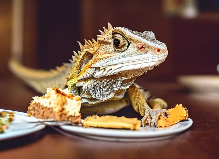 Image similar to dslr portrait still of a bearded dragon eating a slice of cheesecake, 8 k 8 5 mm f 1. 4