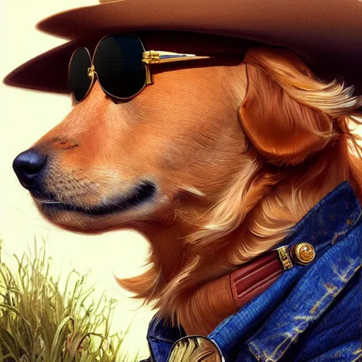 Prompt: Golden Retriever dressed as a Cowboy wearing sunglasses, highly detailed, digital painting, artstation, concept art, smooth, sharp focus, illustration, art by artgerm and greg rutkowski and alphonse mucha