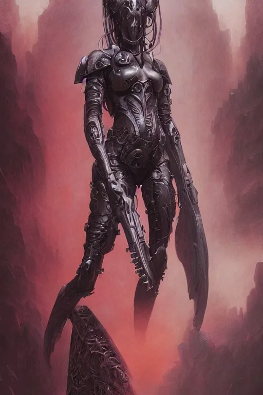 Image similar to Portrait of beautiful pale warhammer 40000 goth maiden, dark fantasy, red light, digital illustration, intricate, highly detailed, smooth, artstation, painted by Wayne Barlowe and Greg Rutkowski and zdislav beksinski and Ruan Jia and Mandy Jurgens and Artgerm and william-adolphe bouguereau