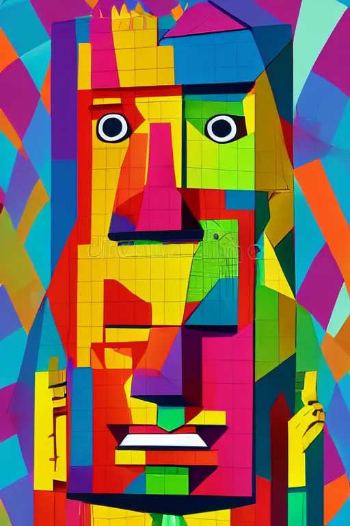 Image similar to cubist moai statue cutout digital illustration cartoon colorful beeple