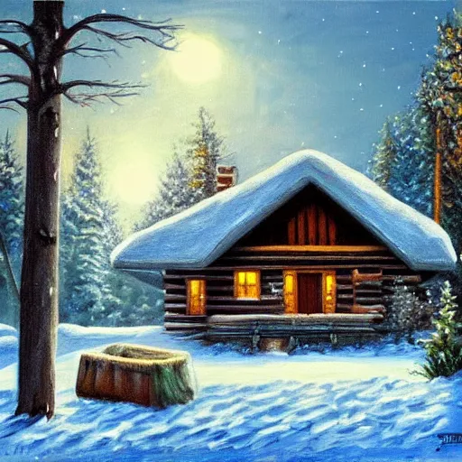 Prompt: realism painting of a log cabin in the woods, night, winter, soft lighting, highly detailed