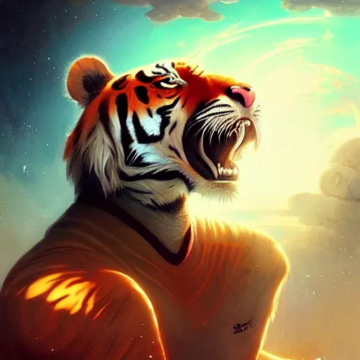 Image similar to an aesthetic award winning commission of a male anthro tiger singing on a spaceship,digital art,art by greg rutkowski,ross tran,character design by charles bowater,artgerm,hyperdetailed body,detailed face,beautiful,artstation,deviantart,stylish,space themed