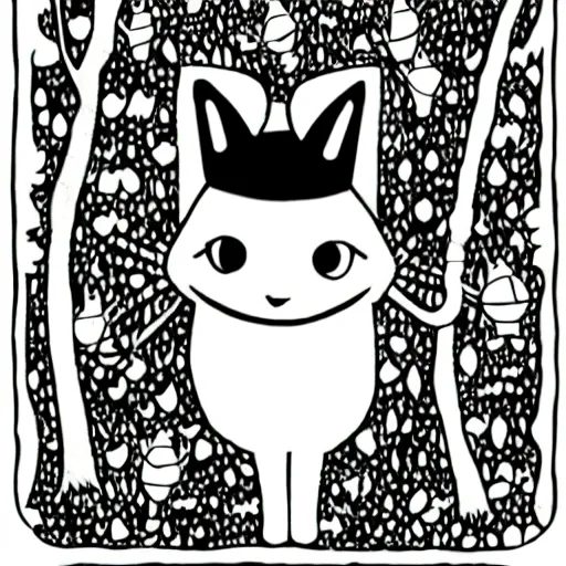 Image similar to cartoon art of a happy black and white cat wearing a crown, in a forest