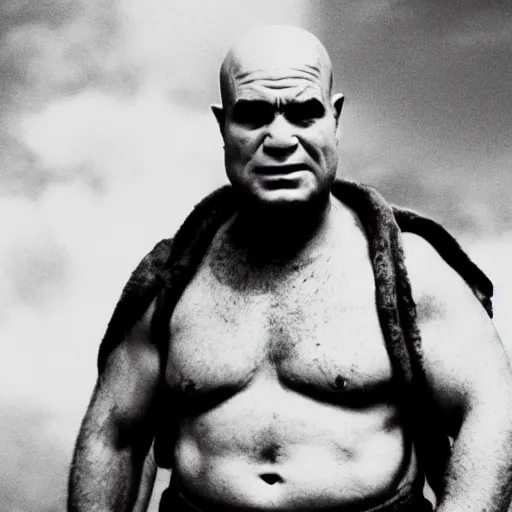 Prompt: black and white image of shrek as colonel kurtz, in apocalypse now