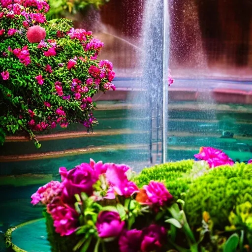 Prompt: photograph of fountain with flower sculpture designed by Georgia O'Keefe, feminine, beautiful, curvy, flowers background, romantic, sensual, shallow depth of field, romantic lighting