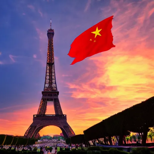 Image similar to Eiffel tower at sunset with covered Chinese flags, china number 1