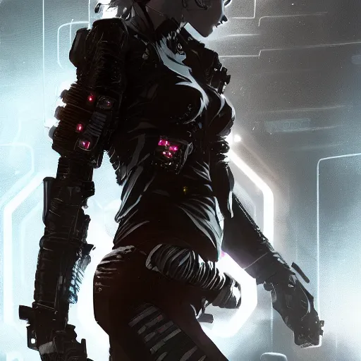 Image similar to full body portrait of an elf woman with elf ears wearing a leather jacket, cyberpunk digital art, dramatic lighting, illustration by Greg rutkowski, yoji shinkawa, 4k, digital art, concept art, trending on artstation