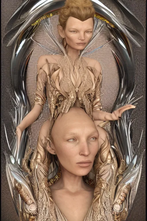 Prompt: a highly detailed metahuman render portrait of an alien goddess kate moss in iris van herpen dress schiaparelli in diamonds and jewelry in style of alphonse mucha trending on artstation made in unreal engine 4