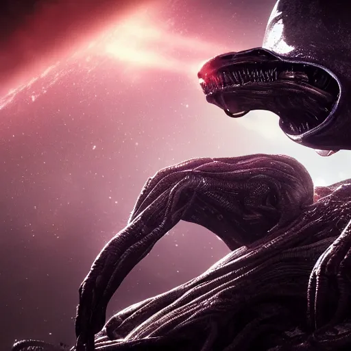 Image similar to a horrified man on a spaceship face to face with an alien from another galaxy, volumetric lighting, 8 k octane beautifully detailed render, post - processing, extremely hyper - detailed, intricate, epic composition, cinematic lighting, masterpiece, trending on artstation, detailed detailed detailed, masterpiece, beautiful cinematic light,