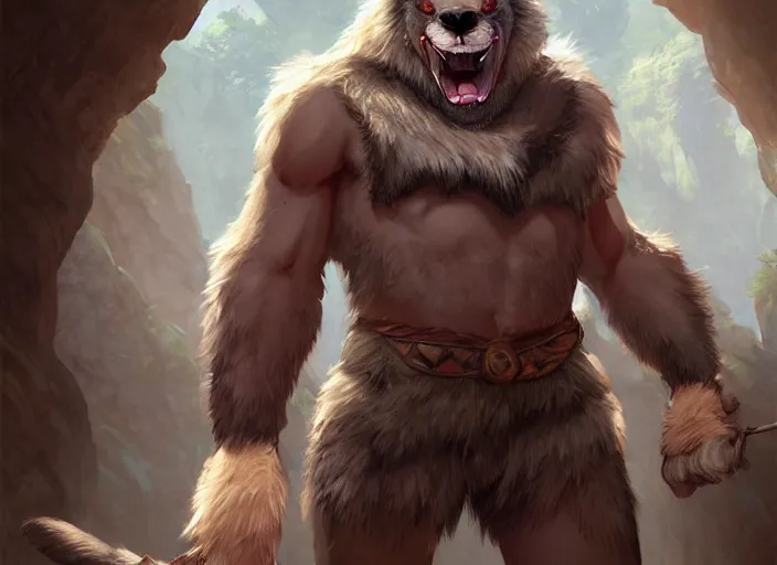 Prompt: burly character portrait feature of the anthro male anthropomorphic wolf fursona animal person wearing tribal primitive caveman outfit belt standing in the entrance to the cave, center framed character design stylized by charlie bowater, ross tran, artgerm, makoto shinkai, detailed, soft lighting, rendered in octane