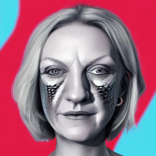 Prompt: A portrait of Liz Truss as a reptilian, snake eyes, slit pupils, metallic scales, Liz Truss, human-animal hybrid, hyperrealistic, trending on artstation