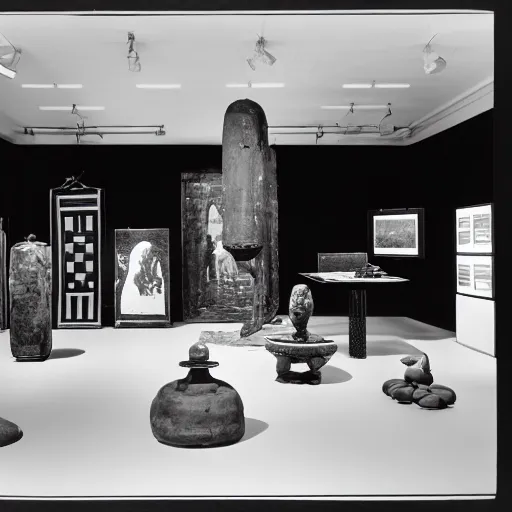 Prompt: a _ black _ and _ white _ overview _ photography _ of _ an _ exhibition _ space _ with _ ethnographic _ objects _ on _ display _ 6 0 s _ offset _ lithography _ 8 k