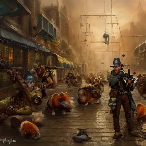 Image similar to oil painting of many hamsters with guns, steampunk clothes, steampunk city background, sharp focus, fantasy style, octane render, volumetric lighting, 8k high definition, by greg rutkowski, highly detailed, trending on art Station, dungeons and dragons artwork, centered