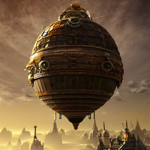 Image similar to enormous flying city in a faberge egg, sky background, steampunk, fantasy art, masterpiece, unreal engine