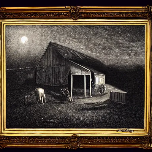 Image similar to pig in a tuxedo walk out of a barn, dramatic lighting, creepy, farm background, chiaroscuro, high detail, illustration by gustave dore