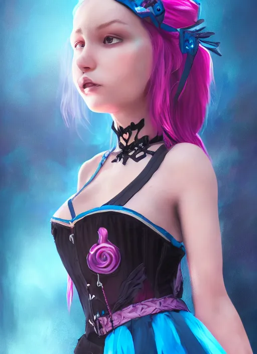 Image similar to An epic fantasy comic book style portrait painting of a young women, with pink hair, short black skirt, black leggings, blue shoes, cyan corset, with a cyan heart necklace Unreal 5, DAZ, hyperrealistic, octane render, cosplay, RPG portrait, dynamic lighting