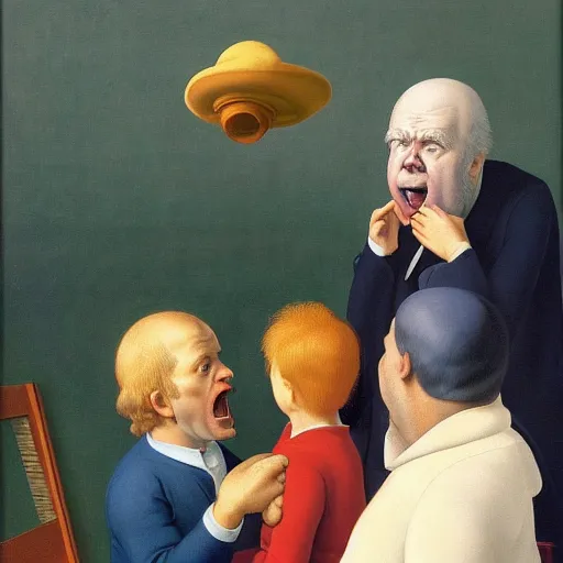 Prompt: a very funny looking father yelling at his children by Raphael, Hopper, and Rene Magritte. detailed, romantic, enchanting, trending on artstation.