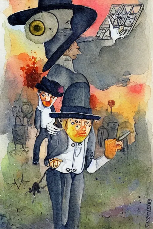 Prompt: a clockwork orange, children's book, melancholy, watercolor, illustrated