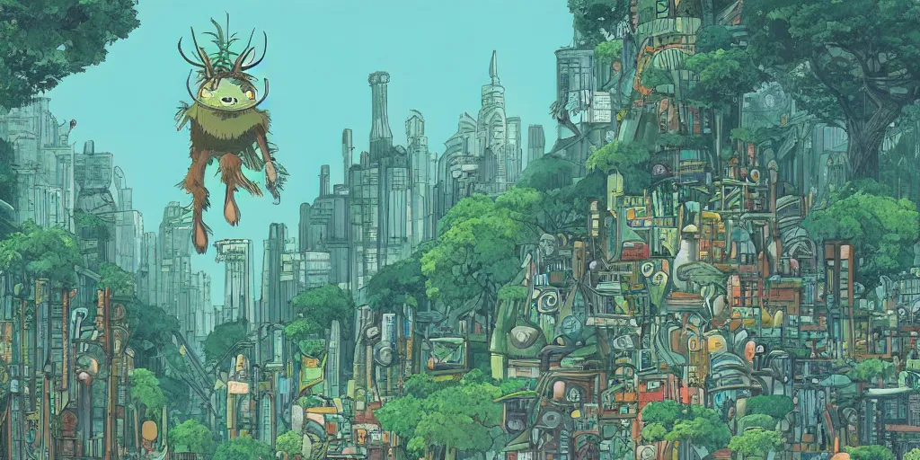 Image similar to future city covered by forest creature, flying, culture, smooth, by studio ghibli