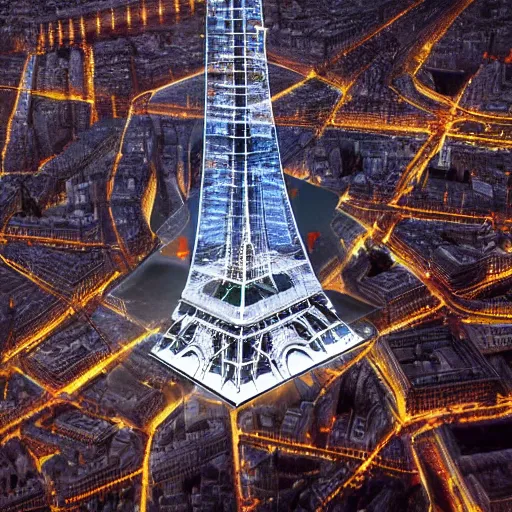 Image similar to A beautiful intricate 8K award-winning cinematic movie photograph of the future Eiffel Tower completely hidden by signs of corporate logos in the year 2043, by Bruno Delbonnel