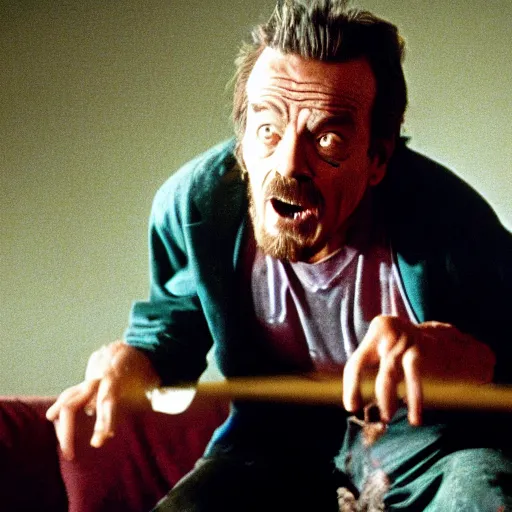 Image similar to bryan cranston as killer bob frightening, creepy, scary climbing over couch in twin peaks, scene from episode, 8 k, 1 9 9 0