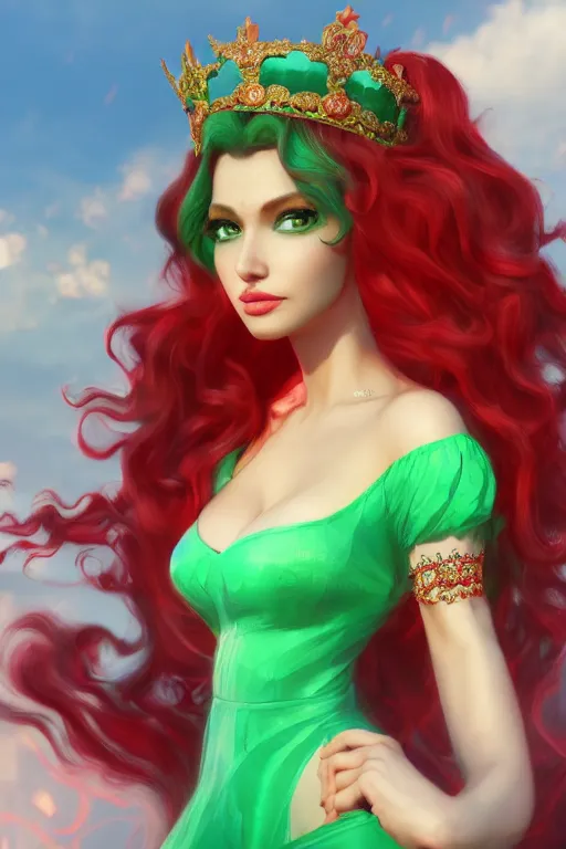 Image similar to dreamy beautiful persian asian princess in clouds, green eyes, red dress, long black curly hair, smiling, wearing a diamond tiara, face, highly detailed, artstation, concept art, sharp focus, hyper realistic, octane render, unreal engine, 8 k