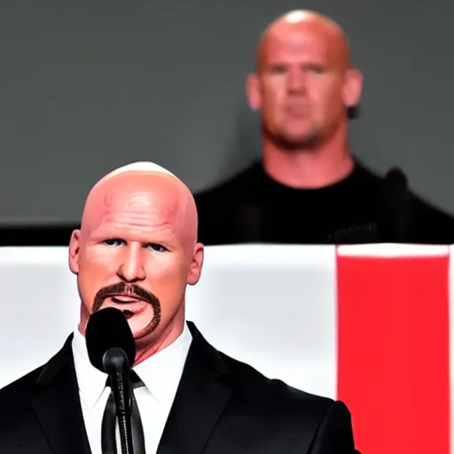 Image similar to stone cold steve austin addresses parliment, high detail, photorealistic,