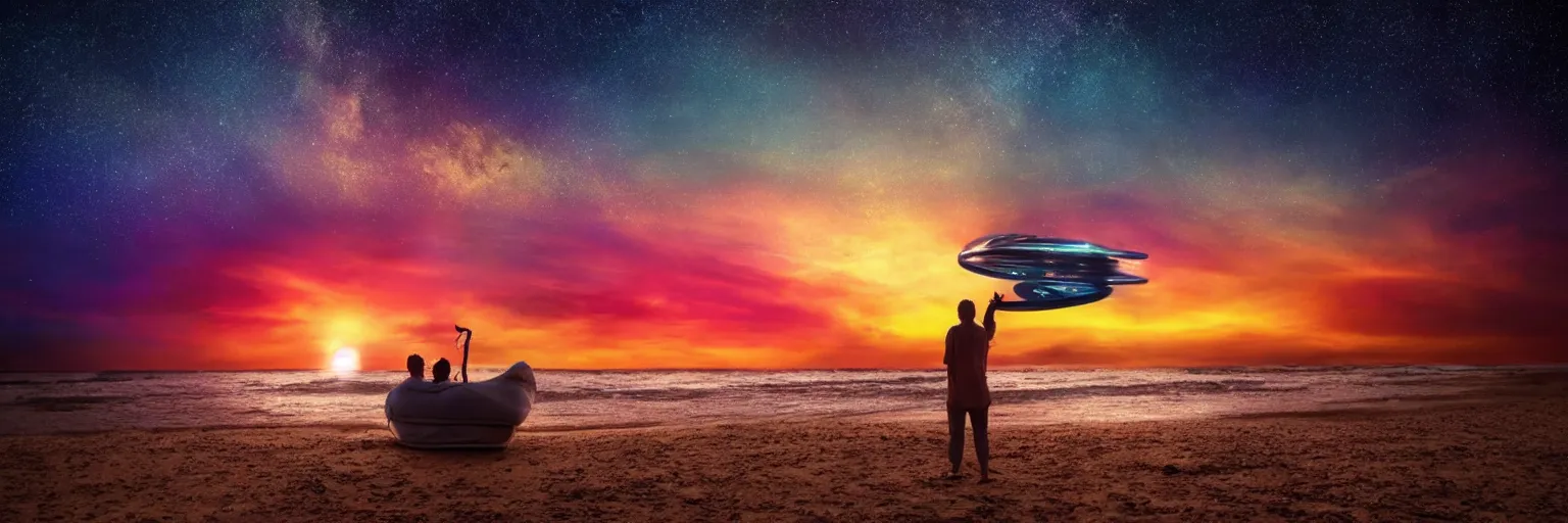 Image similar to a giant glowing spaceship floating in the ocean, an old soul standing on the beach overlooking, sunset and colorful sky with many stars