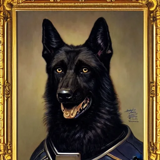 Prompt: a portrait of a black german shepard dog dogman canine star trek officer. highly detailed painting by gaston bussiere, craig mullins, j. c. leyendecker, furry