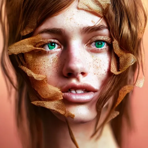 Image similar to intricate crisp portrait of a cute thin young woman, light bronze brown hair, very detailed emerald green eyes, red blush, light freckles, soft smile, casual clothes, relaxing on the couch, home interior, golden hour, close up shot, 8 k, art by irakli nadar, hyperrealism, hyperdetailed, ultra realistic