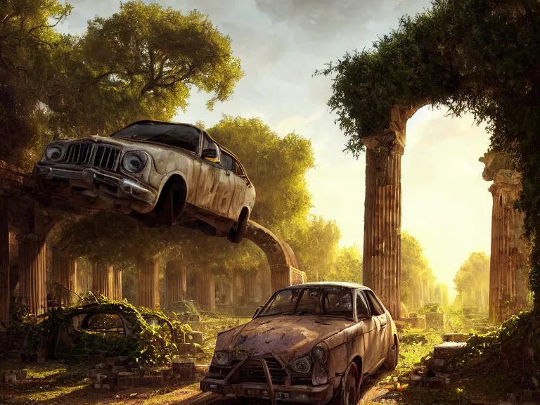 Image similar to a tree growing inside scrap car in ancient greek ruins, gray wasteland, many overgrown scrap cars, pillars and arches, colorful flowers, vines, cinematic, ray of golden sunlight, alphonse mucha, greg rutkowski, trending on artstation, artgerm, breathtaking, smooth, mark arian, award winning