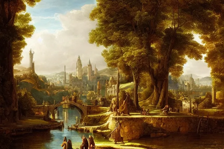 Image similar to beautiful city landscape mythology, fantasy, landscape background, vivid colors, digital painting, very detailed, realistic, high quality, by claude lorrain