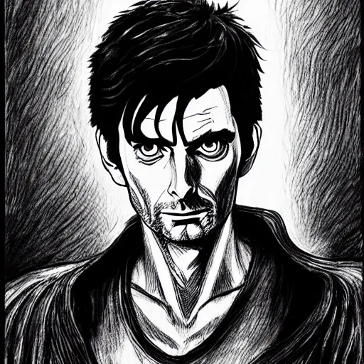 Prompt: David Tennant in BERSERK, concept art, illustration in pen an ink, black and white, by  Kentaro Miura