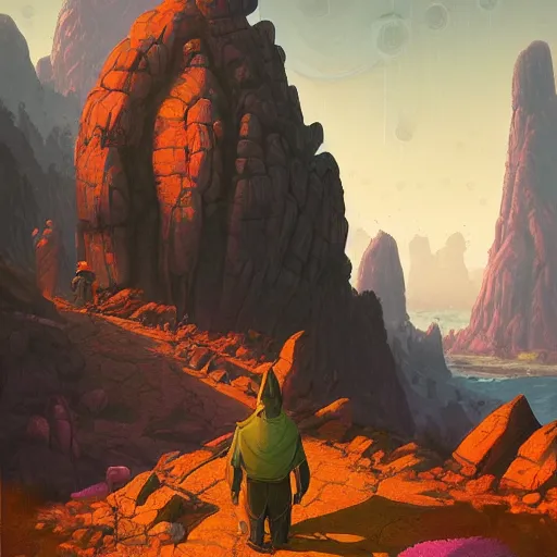 Prompt: fantasy wizard and fantasy warrior looking across rock chasm in the morning sun by Simon Stalenhag