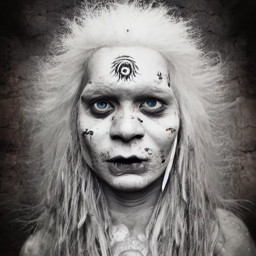 Image similar to realistic expired kodak film portrait of aghori tantrik albino india woman, tentacled creature mix, marigold celestial vibe, hyperrealism, hypermaxiymalism, photorealistic, detailed, atmospheric, 8 k, award winning photography, cinematic