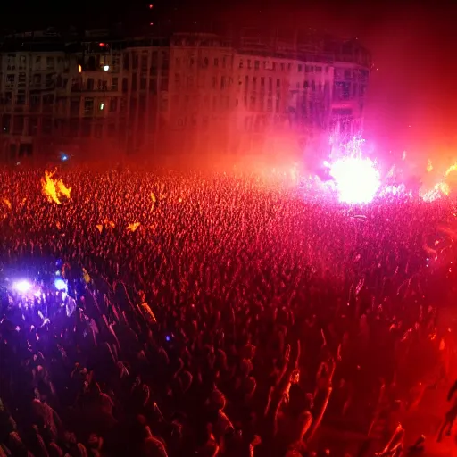 Image similar to the biggest mosh pit in the world, punks throwing Molotovs in the air, fighting, flame and fire, glowing upside cross, dynamic lighting, reflections, people falling out from the sky, punks kicking and thrashing, chaotic, riot, colorful glow, cinematic, epic, volumetric, godrays, dynamic lighting, dust flying up into the air, people shooting into the air with guns, octane render, photorealistic, unreal engine, artstation, artstation trending, artstation hq, artstation hd, ethereal, Pinterest, 8k, ultra detailed, ultra realistic,