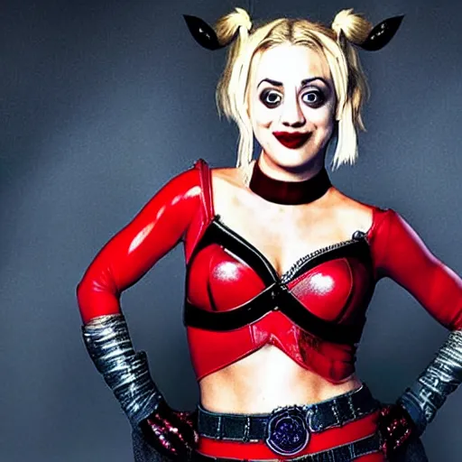 Image similar to A still of Kaley Cuoco as Harley Quinn