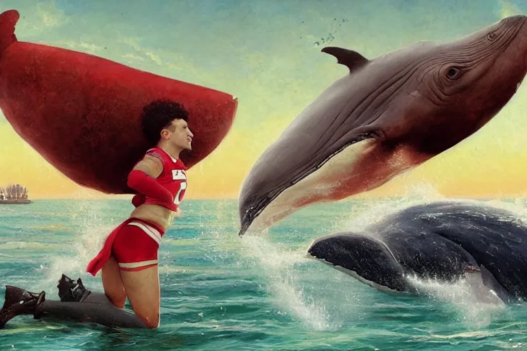 Image similar to a whale who loves patrick mahomes and the nfl, by greg rutkowski, rossdraws, gil elvgren, enoch bolles, anime, very coherent