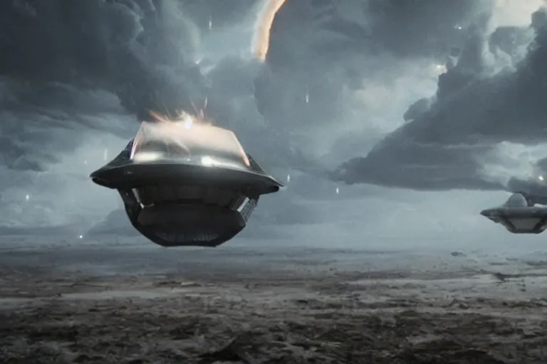 Image similar to VFX movie of a futuristic spaceship taking off in war zone, natural lighting by Emmanuel Lubezki