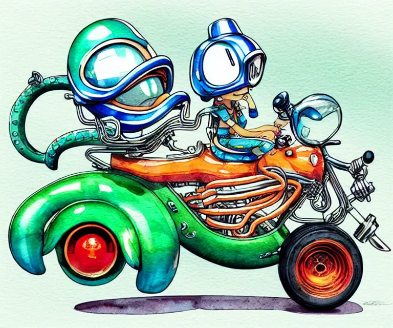 Prompt: cute and funny, squid wearing a helmet riding in a tiny hot rod with oversized engine, ratfink style by ed roth, centered award winning watercolor pen illustration, isometric illustration by chihiro iwasaki, edited by range murata, tiny details by artgerm and watercolor girl, symmetrically isometrically centered