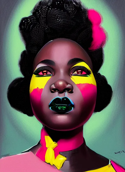 Image similar to portrait of a plump african woman with a crooked nose and a confident expression, 1 9 6 0 s, black clothes, goth, punk, brightly coloured hair, funk, intricate, elegant, highly detailed, digital painting, artstation, concept art, smooth, sharp focus, illustration, art by wlop, mars ravelo and greg rutkowski