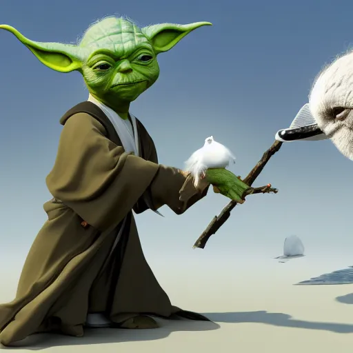 Image similar to Yoda smacking a seagull with a stick, hyperdetailed, artstation, cgsociety, 8k