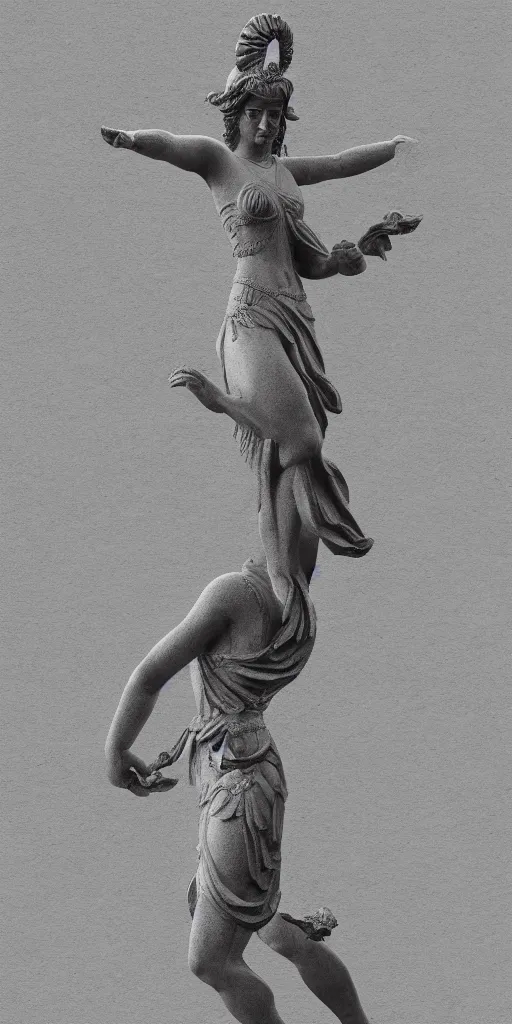 Prompt: a statue of a greek goddess dancing next to a temple in a standing pose with arms by her body, digital illustration, trending on artstation