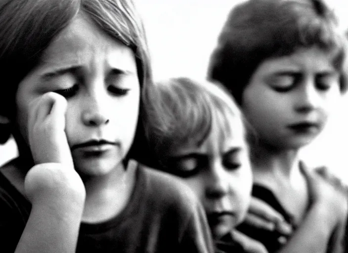 Image similar to high resolution black and white portrait with a 5 0 mm f / 1. 4 lens of russian children with their eyes closed in grief in 1 9 8 4.