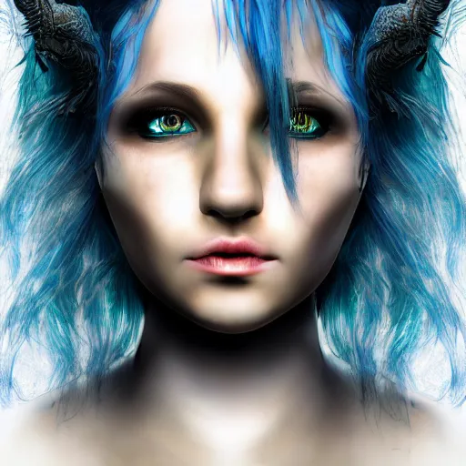 Prompt: portrait of young girl half dragon half human, dragon girl, dragon skin, dragon eyes, dragon crown, blue hair, long hair, highly detailed, By David Lynch