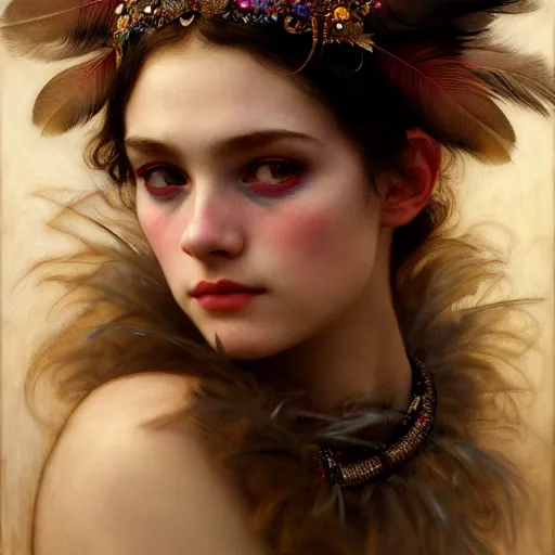 Prompt: portrait of a girl with feathers on her face, face, fantasy, intricate, elegant, dramatic lighting, highly detailed, lifelike, photorealistic, digital painting, artstation, concept art, smooth, sharp focus, illustration, art by John Collier and Krenz Cushart and Artem Demura and Alphonse Mucha and and Albert Aublet