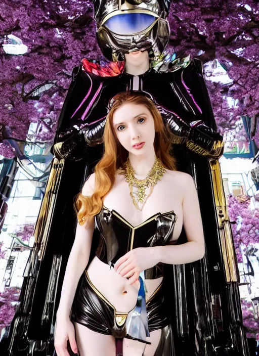 Image similar to Amouranth as a Celestial futuristic Goddess wearing luxurious black spacesuit by Frederick Edwin Church, rule of thirds, seductive look, beautiful, in Dotonbori Osaka during Sakura season