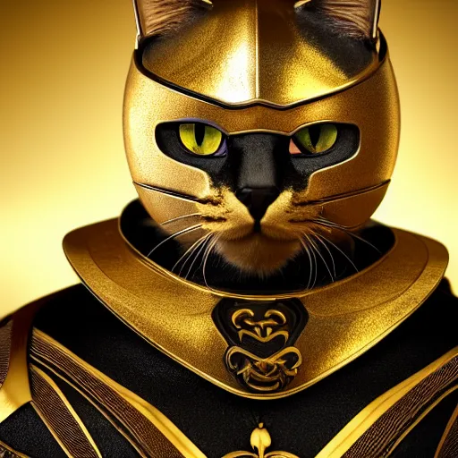Prompt: portrait. black cat wearing a gold medieval knight armor. by hanns katz, shutterstock contest winner, afrofuturism, sci - fi fantasy, 3 d render
