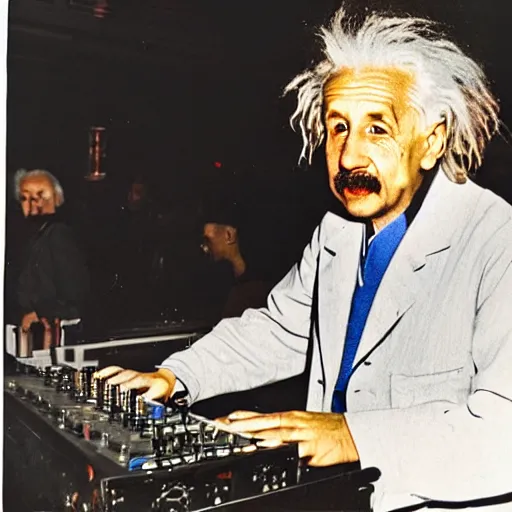 Image similar to color photograph of Albert Einstein DJ at a nightclub, in color, color photograph, colors